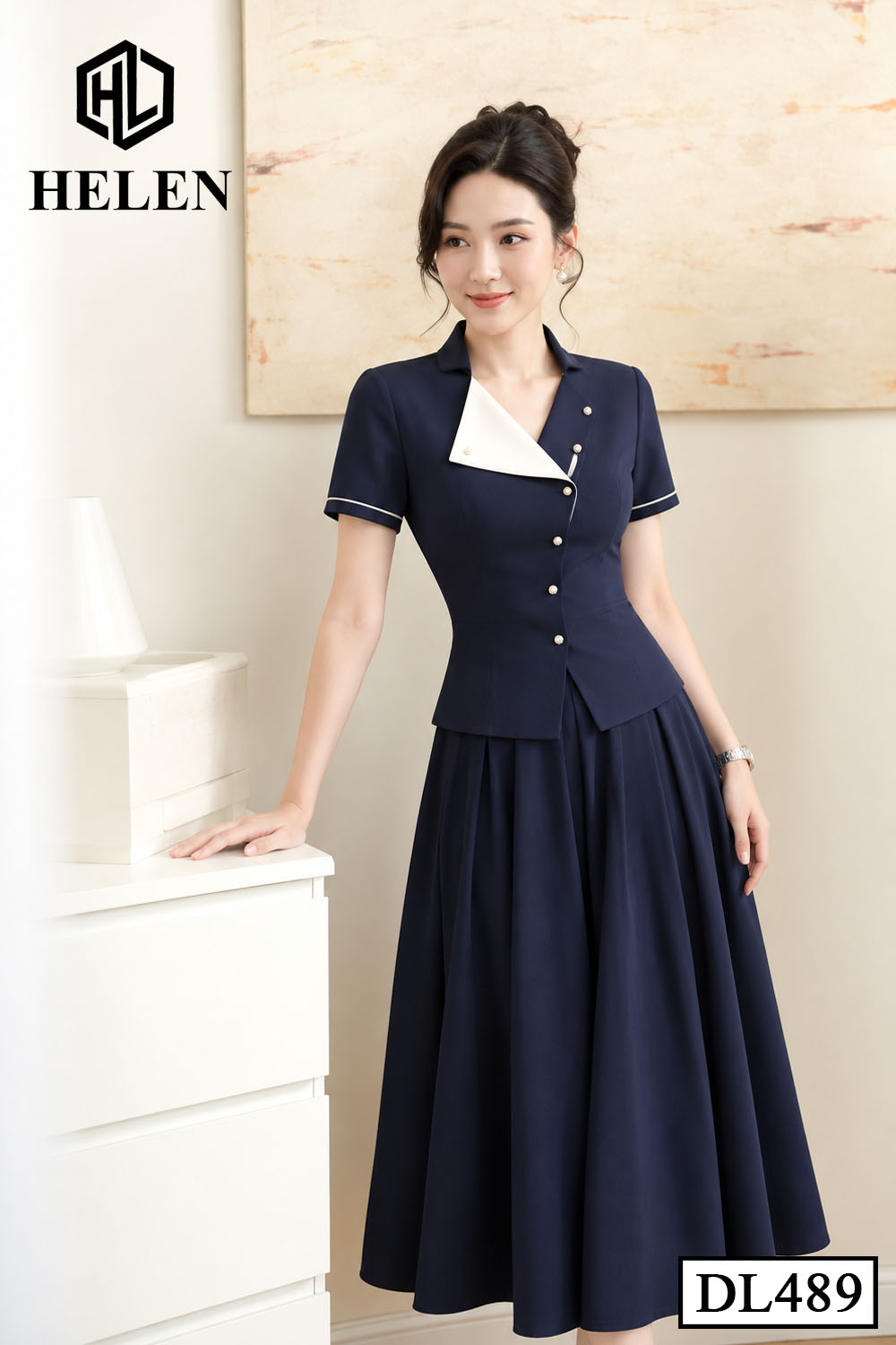 Đầm xòe xanh than liền thân phối cổ trắng DL489