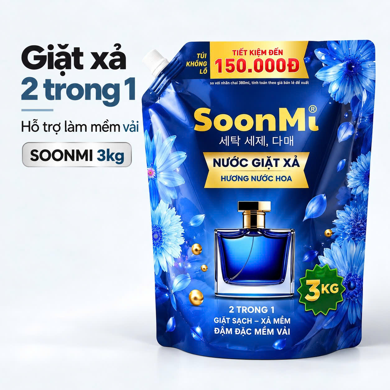 Nước Giặt Xả 2 Trong 1 Soonmi 3kg – Hạt Lưu Hương Ngọc Trai