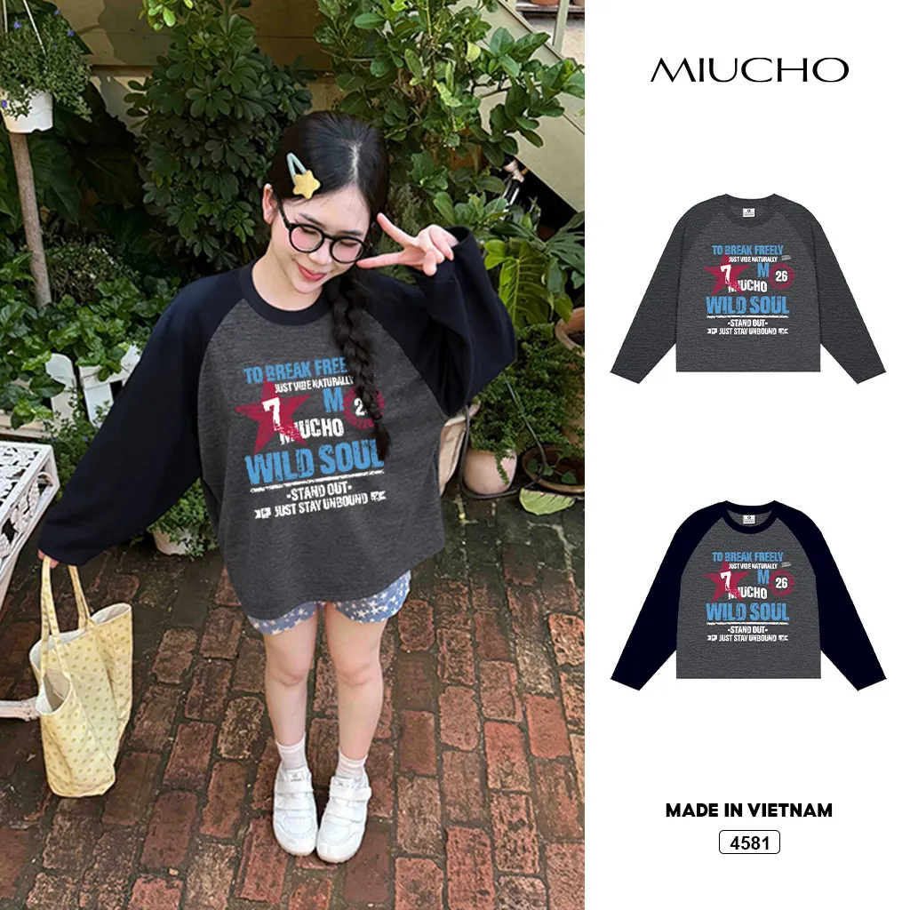 Áo thun dài tay phối màu Miucho phong cách đường phố Mỹ 4581