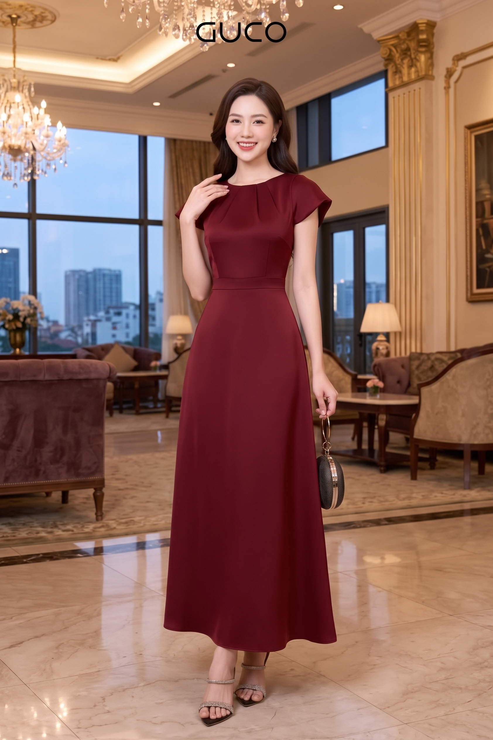 Đầm Dạ Hội Đỏ Cổ Tròn Xếp Nhún Tay Bí - 5294_thumbnail_2