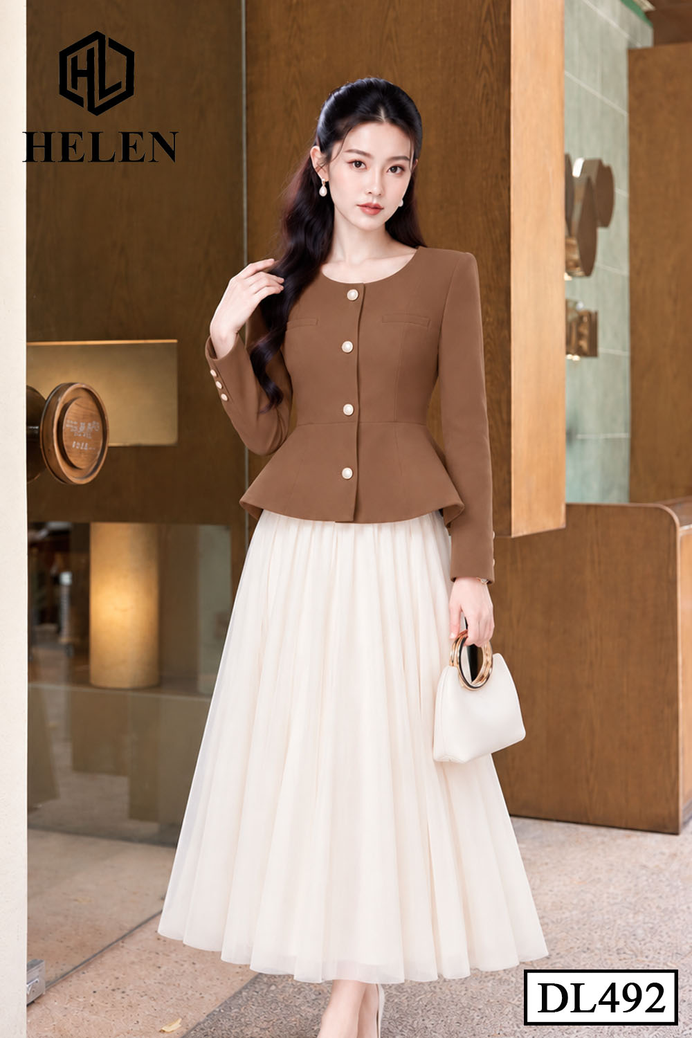 Đầm xòe liền thân nâu phối chân voan  DL492_thumbnail_2
