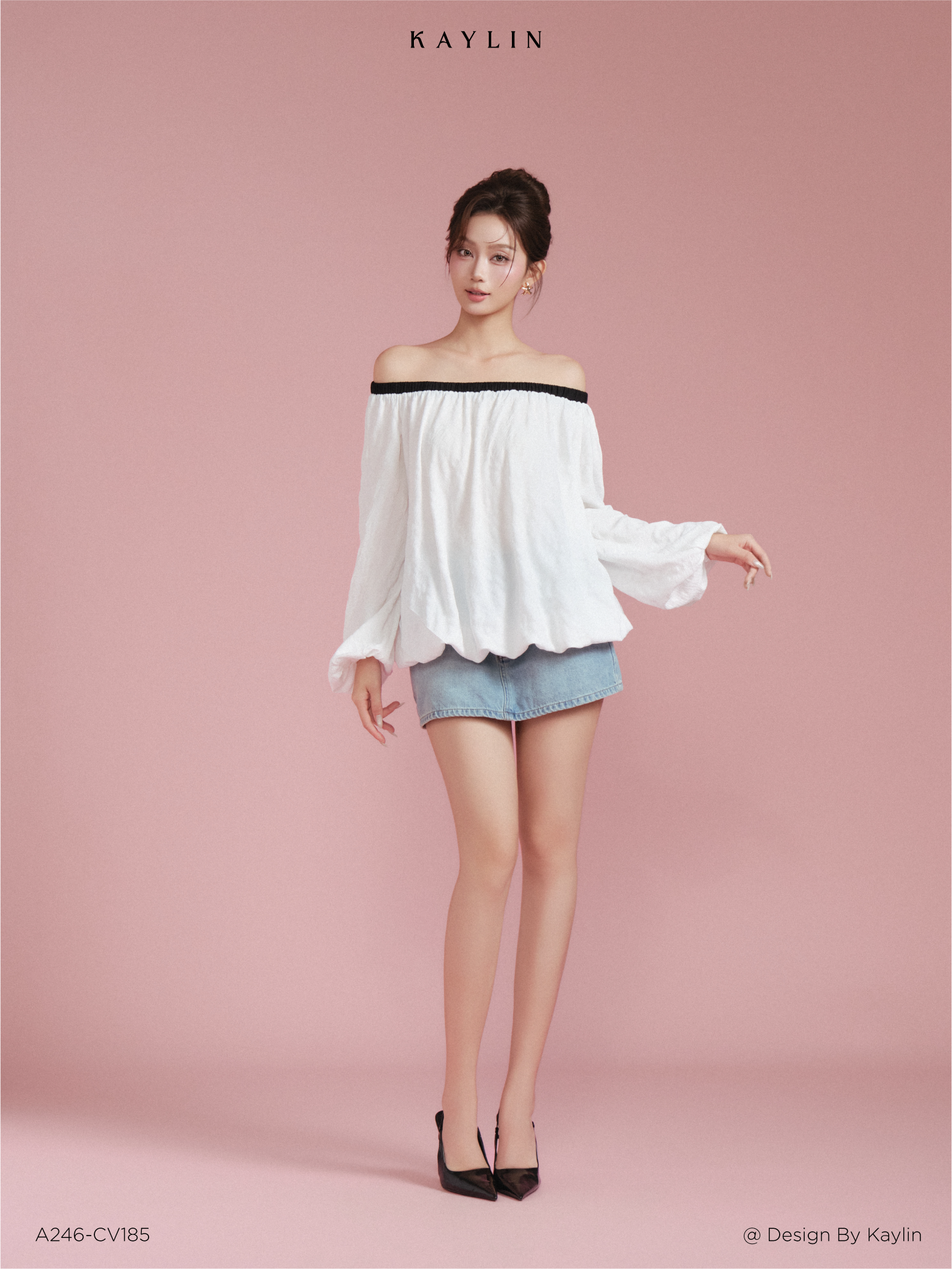Áo Tơ Trễ Vai Nhún Phồng Viền Đen KAYLIN Mirelle Top