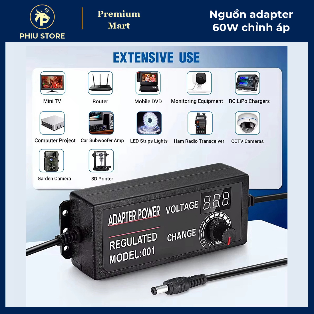 Bộ Nguồn Adapter 60W 5A Chỉnh Điện Áp 3–12V Có Màn Hình LED - Chạy Động Cơ Mini, Dải Đèn LED, Router - PHIU STORE_thumbnail_4