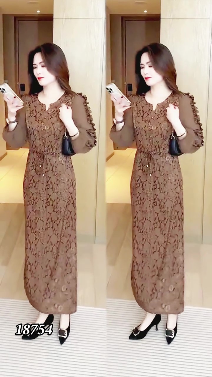 18754- Đầm suông lụa nâu vân gấm phối voan tay (lụa gấm phối voan)_thumbnail_0