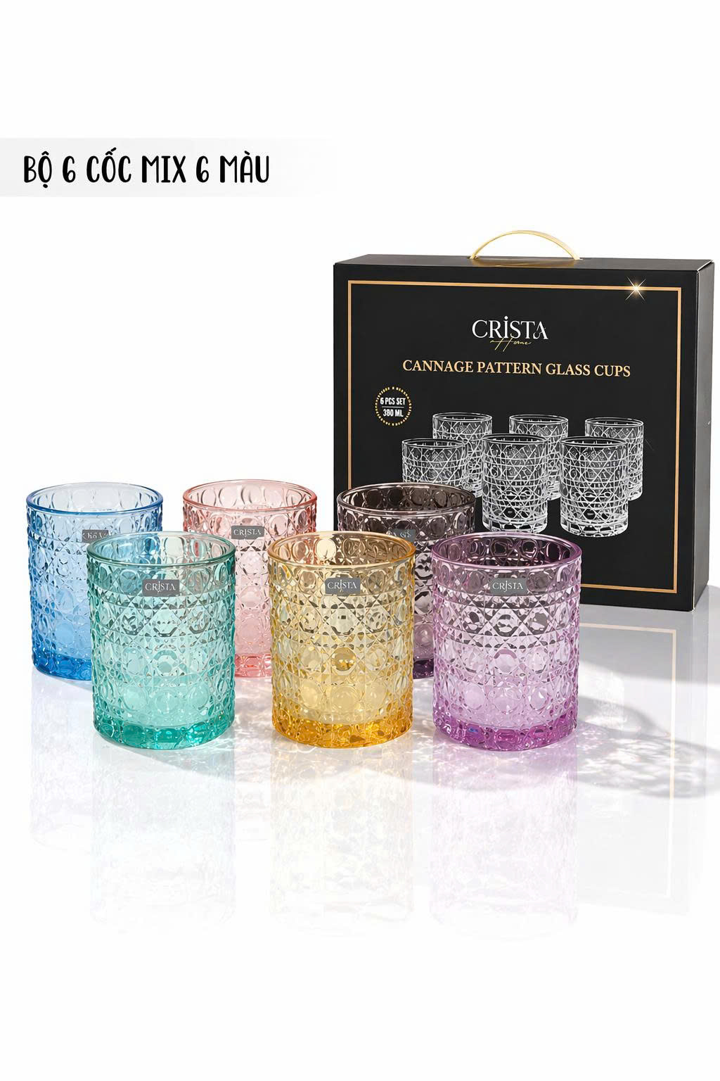 Bộ 6 cốc thủy tinh vân pha lê nổi 390ml Crista Home