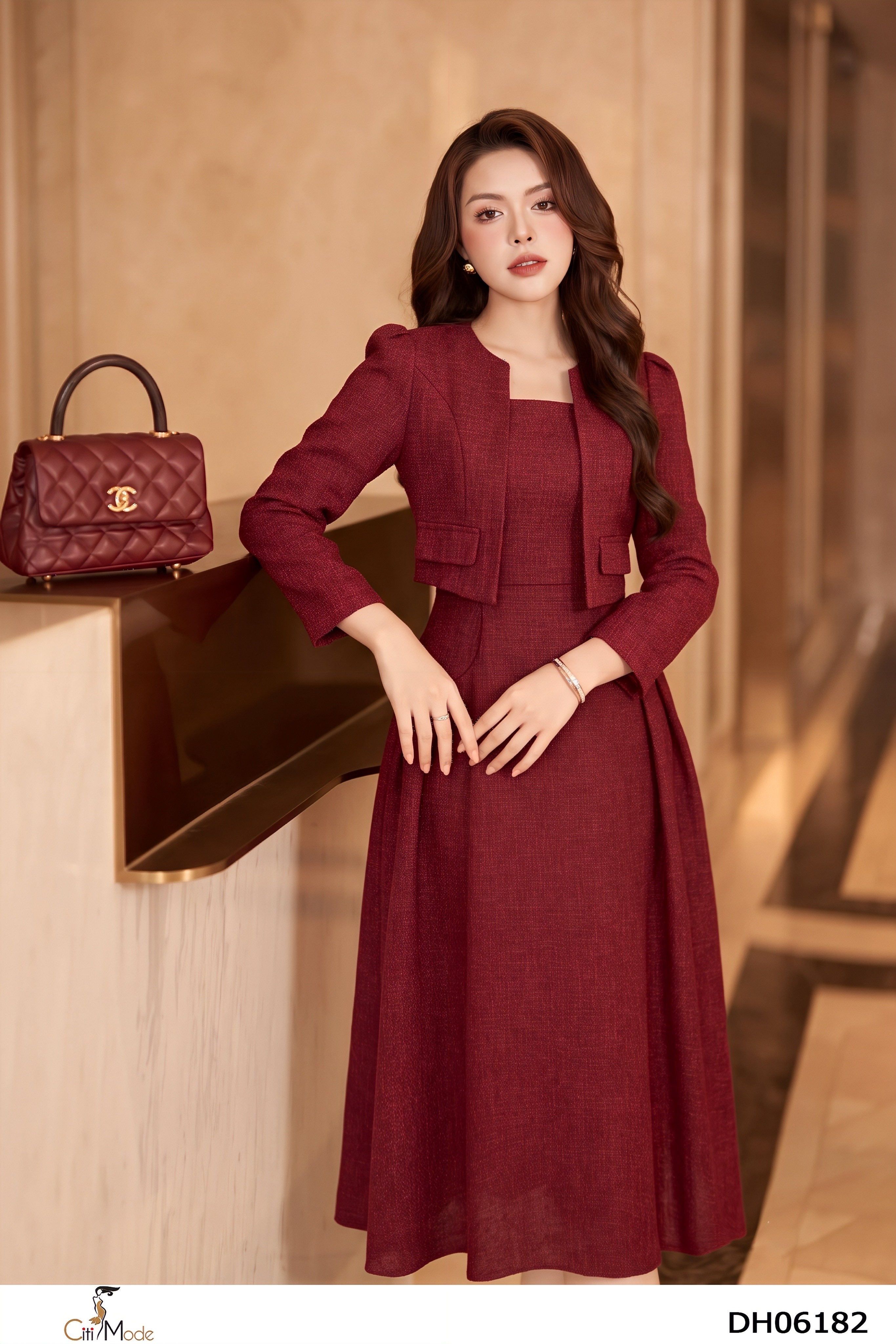 Đầm Xòe dạ đỏ giả sét tay dài