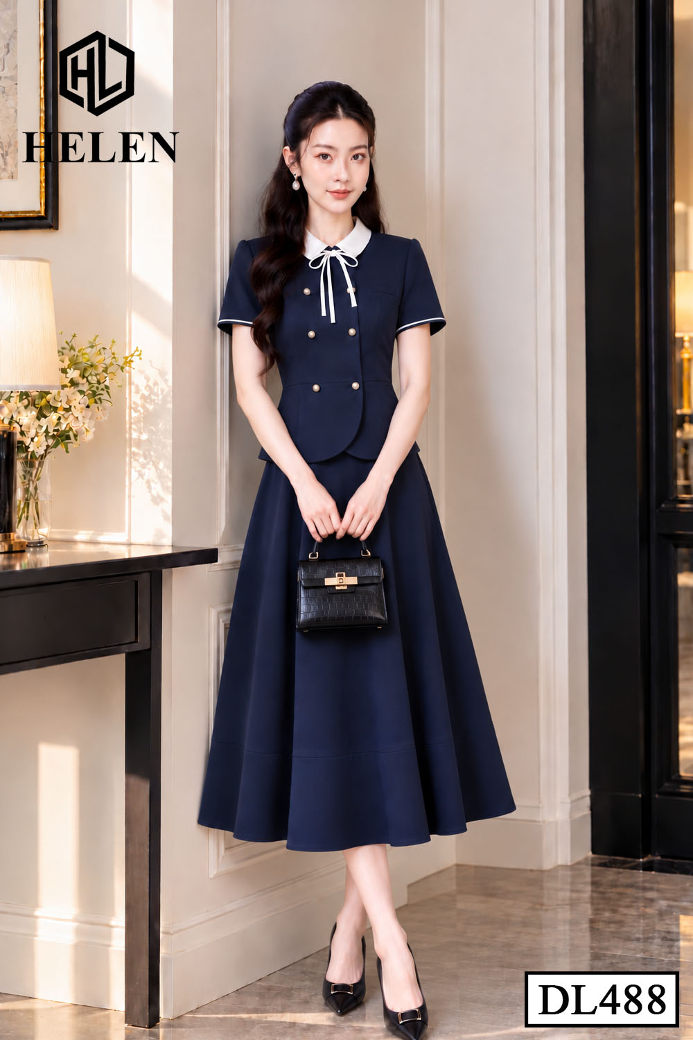 Đầm xòe xanh than liền thân phối cổ trắng nơ DL488_thumbnail_2