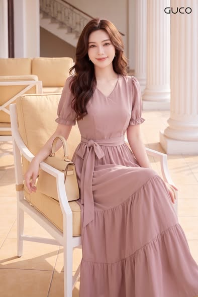 Đầm Maxi Hồng Tay Phồng Xếp Tầng Thắt Nơ - 5217_thumbnail_2