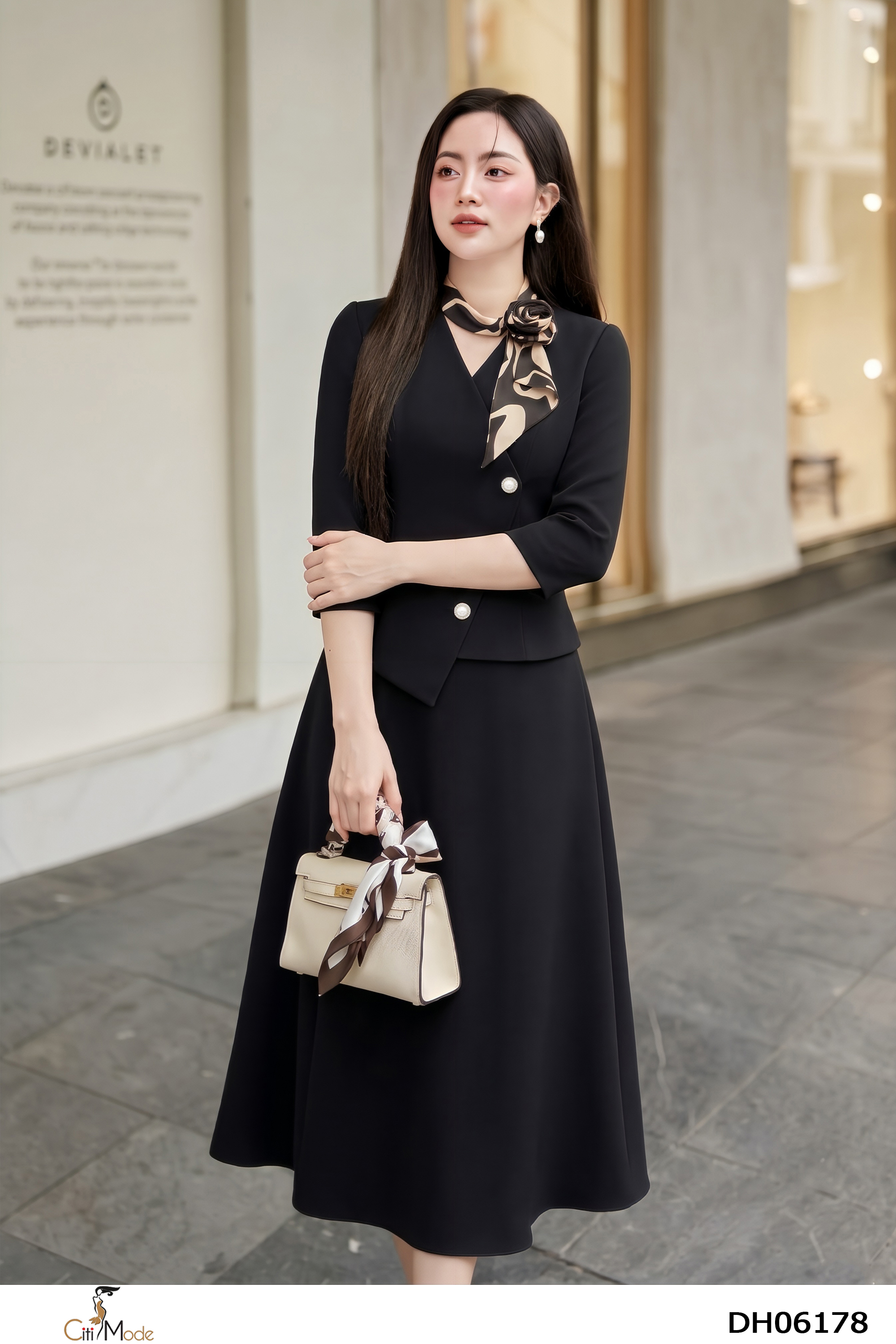 Đầm xòe peplum đen cổ phối nơ hoa lệch tay lỡ_thumbnail_3