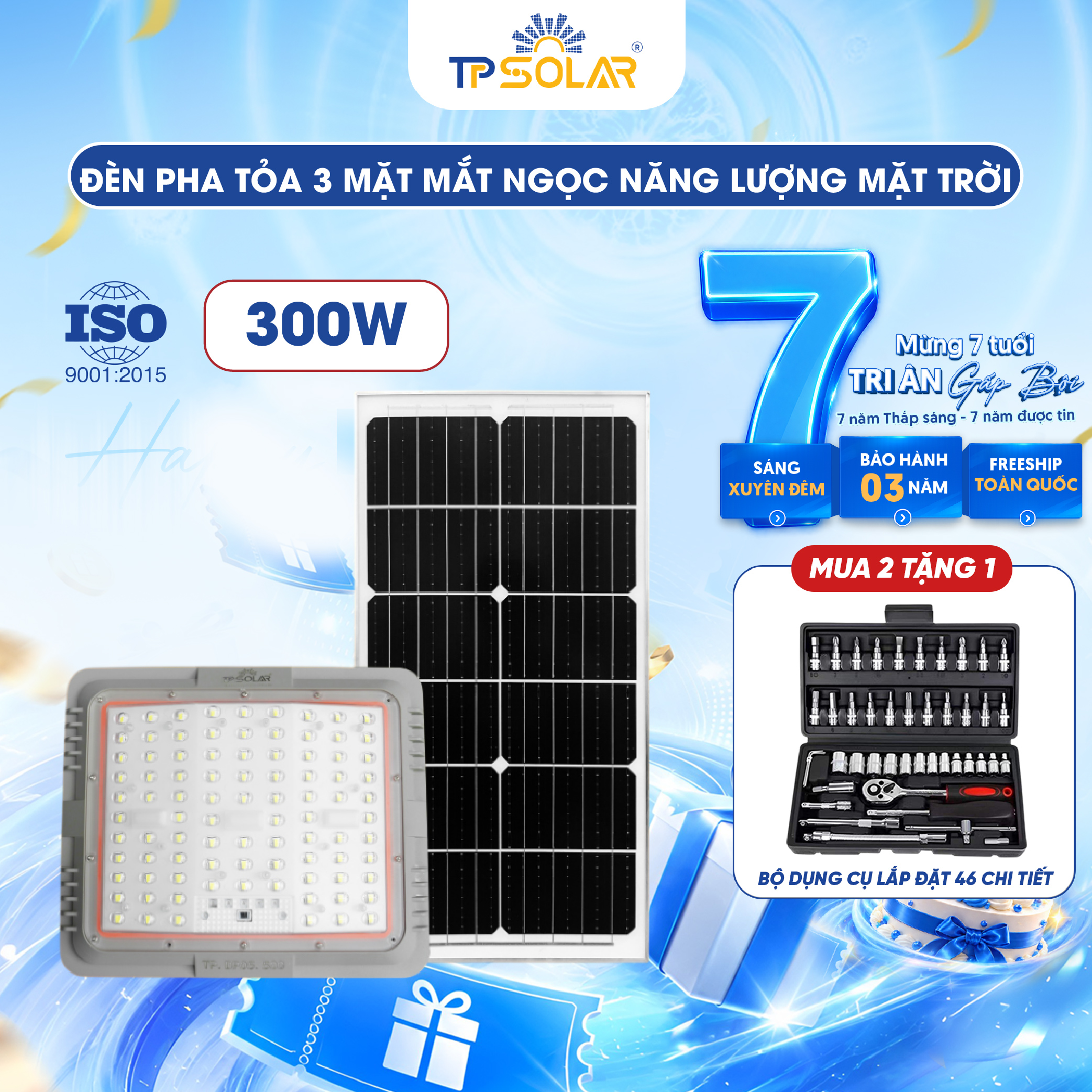 Đèn pha mắt ngọc tỏa 3 mặt năng lượng mặt trời TP SOLAR DP05