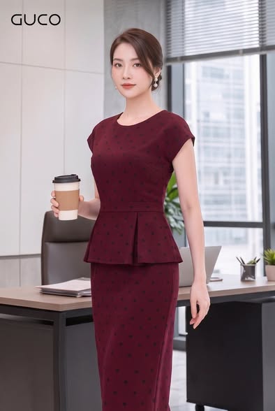 GUCO Đầm Peplum Chấm Bi Đỏ Sang Trọng - 5126