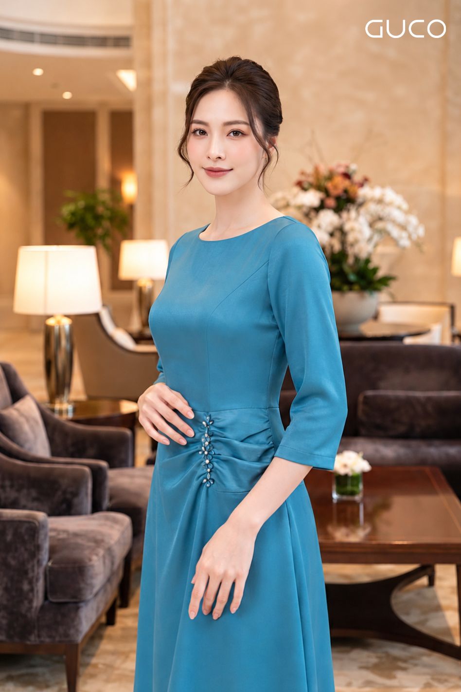 Đầm Dạ Hội  Xanh Tay Lỡ Nhún Eo Đính Đá - 5275_thumbnail_3