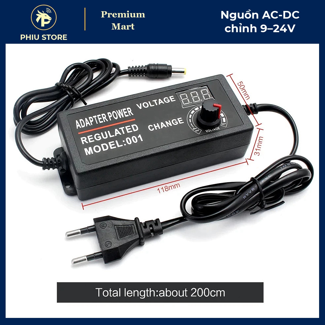 Bộ Nguồn Chuyển Đổi AC Sang DC Chỉnh Điện Áp 9–24V 3A 72W Có Màn Hình LED - Cấp Điện Cho Động Cơ, Đèn - PHIU STORE