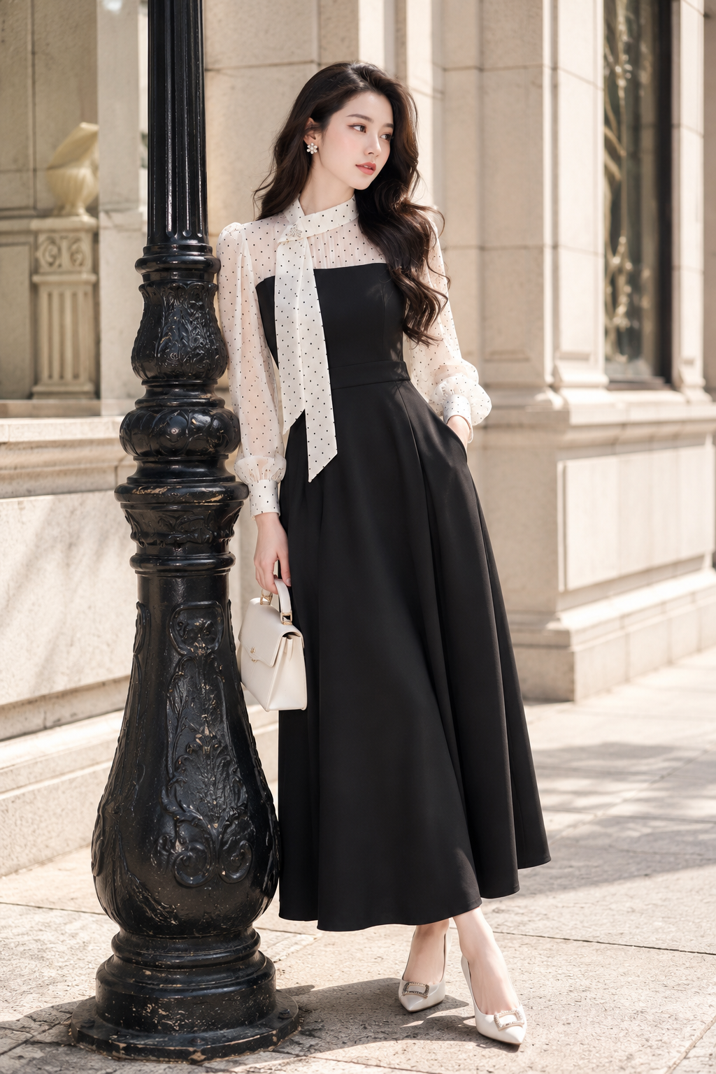Đầm xòe phối đũi chấm bi 26208