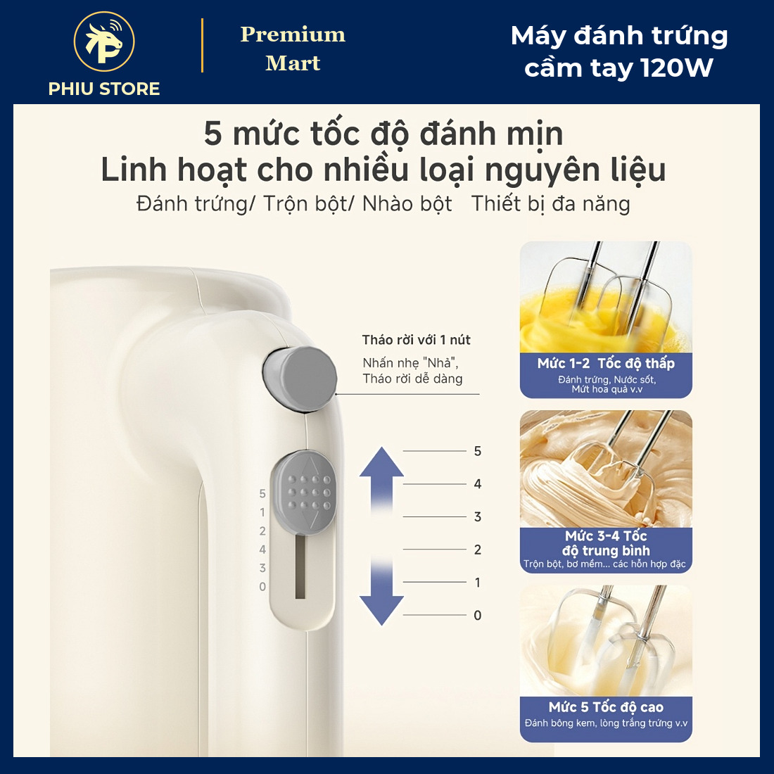 Máy Đánh Trứng Cầm Tay 120W 5 Mức Tốc Độ Kèm 4 Que Đánh Trứng, Nhào Bột - Máy Đánh Kem, Trộn Bột Làm Bánh - PHIU STORE_thumbnail_5