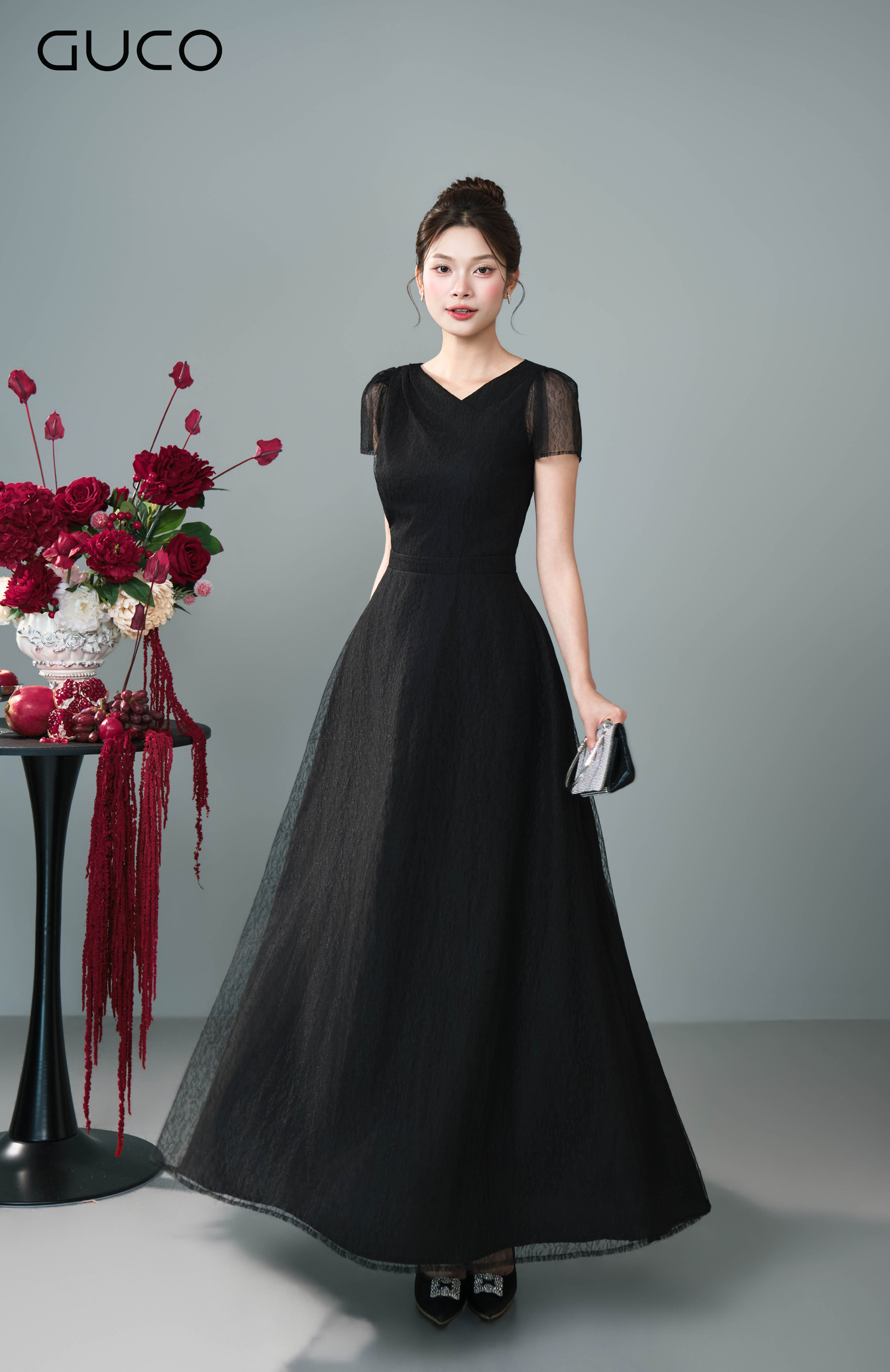 Đầm Dạ Hội Đen Cổ V Tay Phối Lưới Tơ - 5299