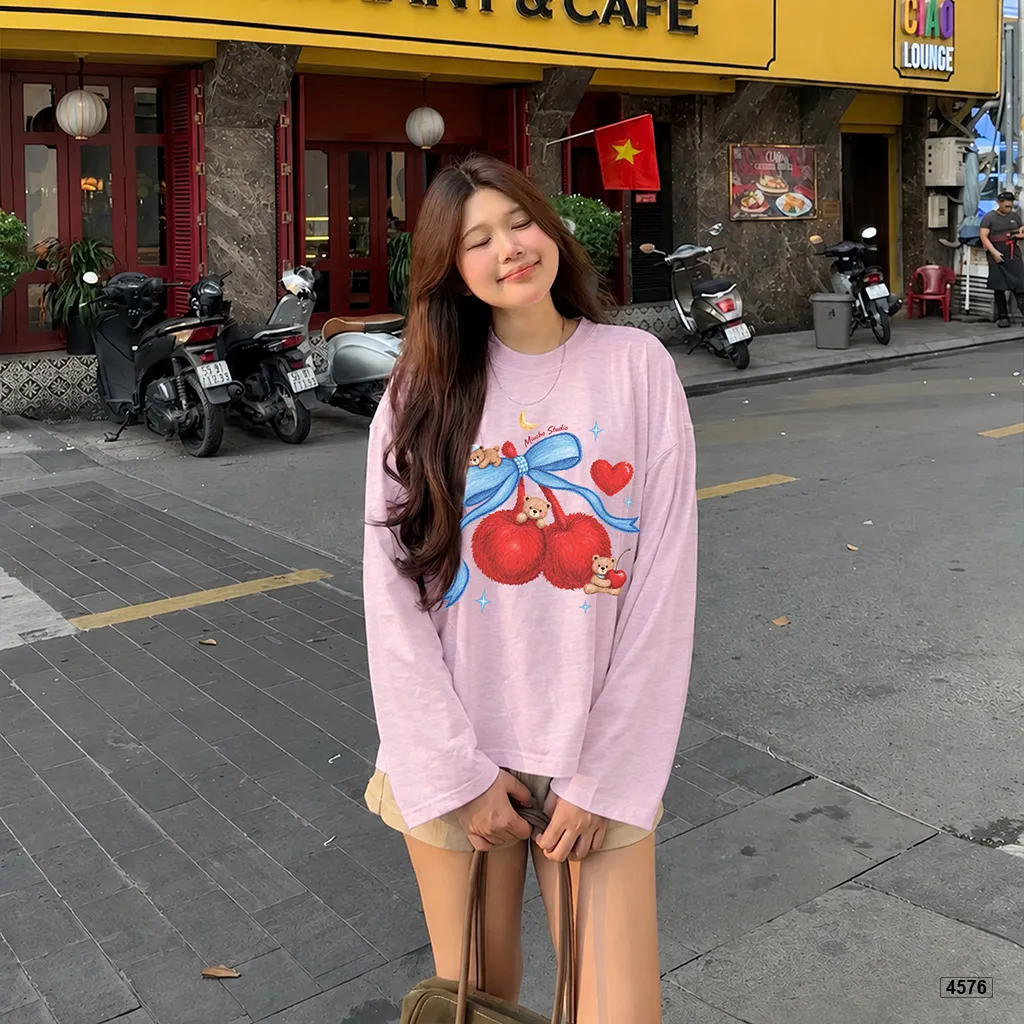 Áo thun nữ boxy tay dài chất cotton xước Teddy Táo đỏ Miucho 4576_thumbnail_3