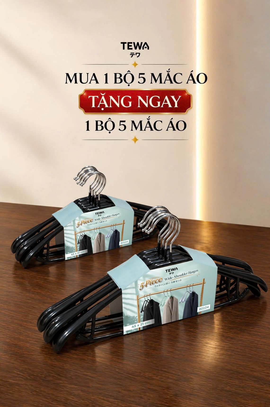 BỘ 10 MẮC TREO QUẦN ÁO BẢN RỘNG 45X21CM TEWA