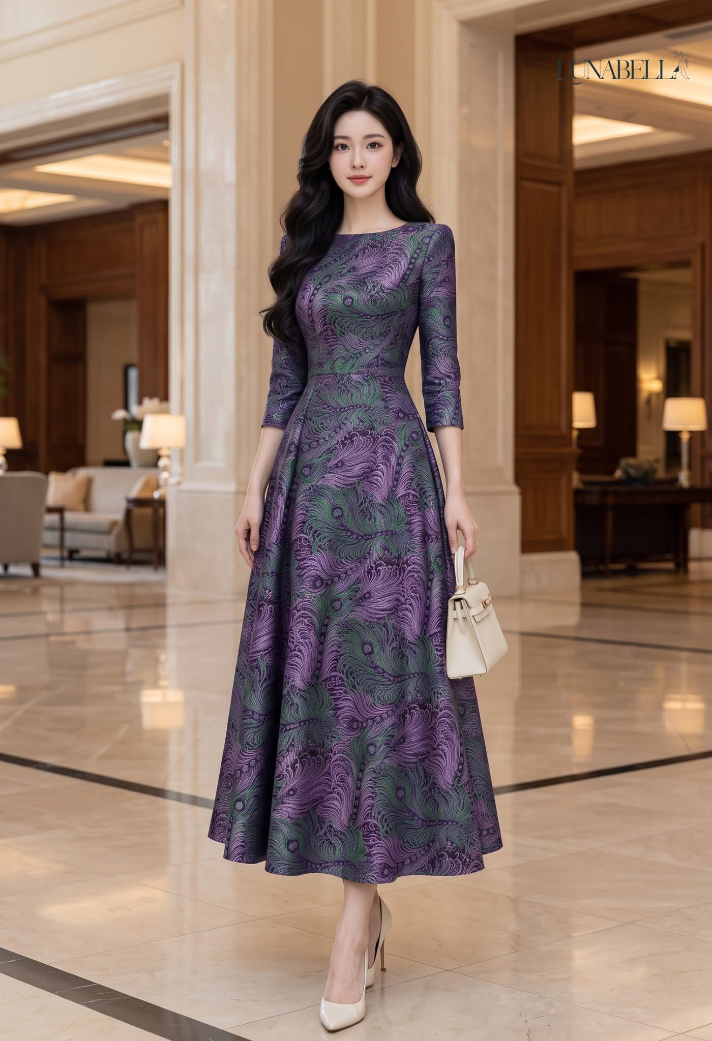Váy dài xoè tay lỡ in hoa tiết VIOLETTA màu TÍM