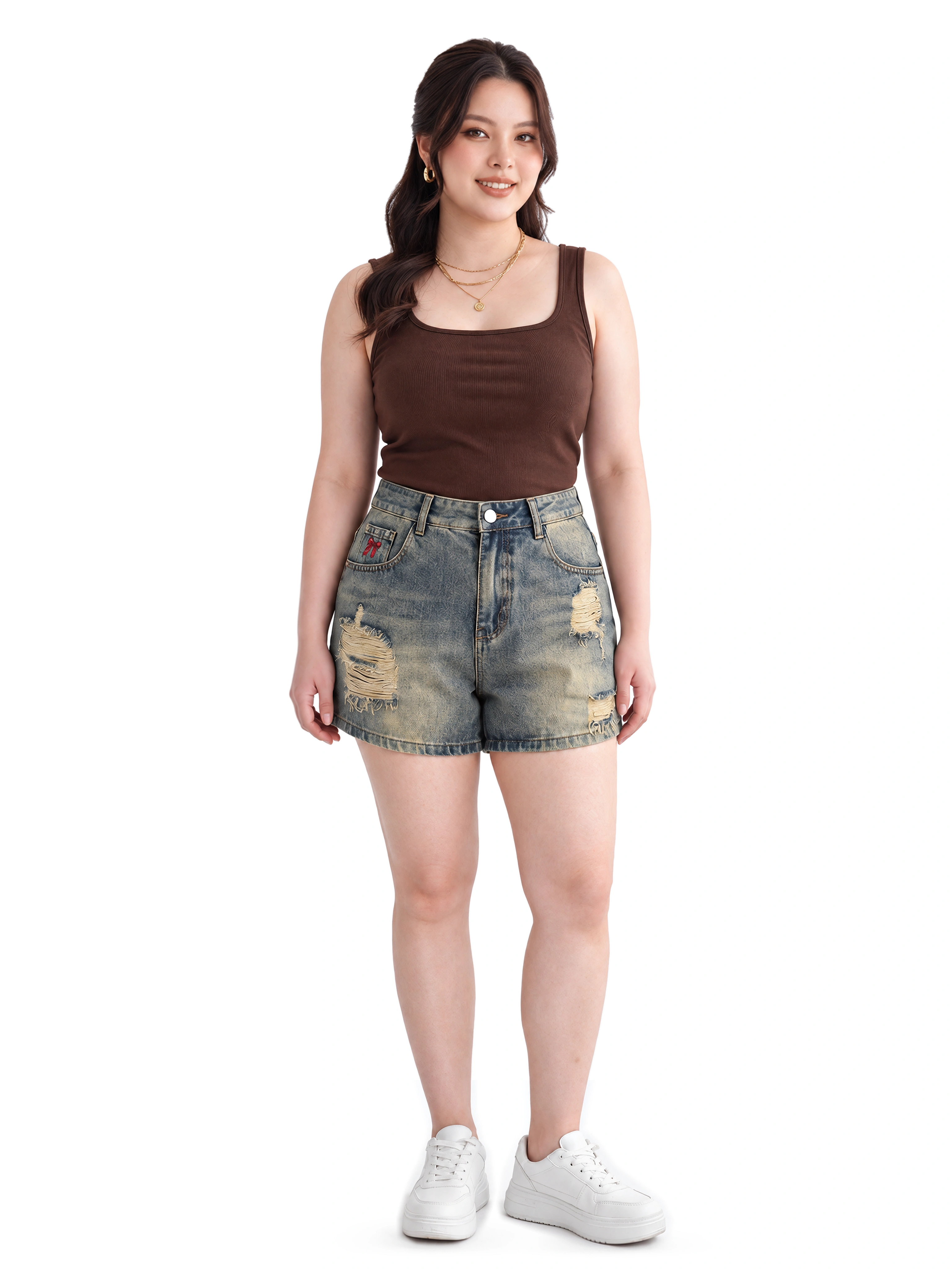 Women's Plus-Size Distressed Denim Shorts with Bow Embroidery – T-QSJ10032