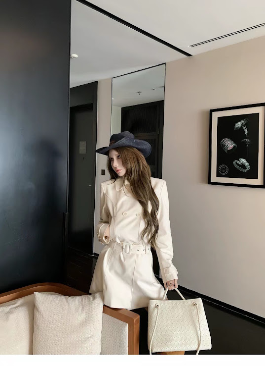 Lucas - Váy kaki cổ nhọn 2 hàng cúc bọc dẹt chân xòe A dài tay + belt cùng chất liệu_thumbnail_1