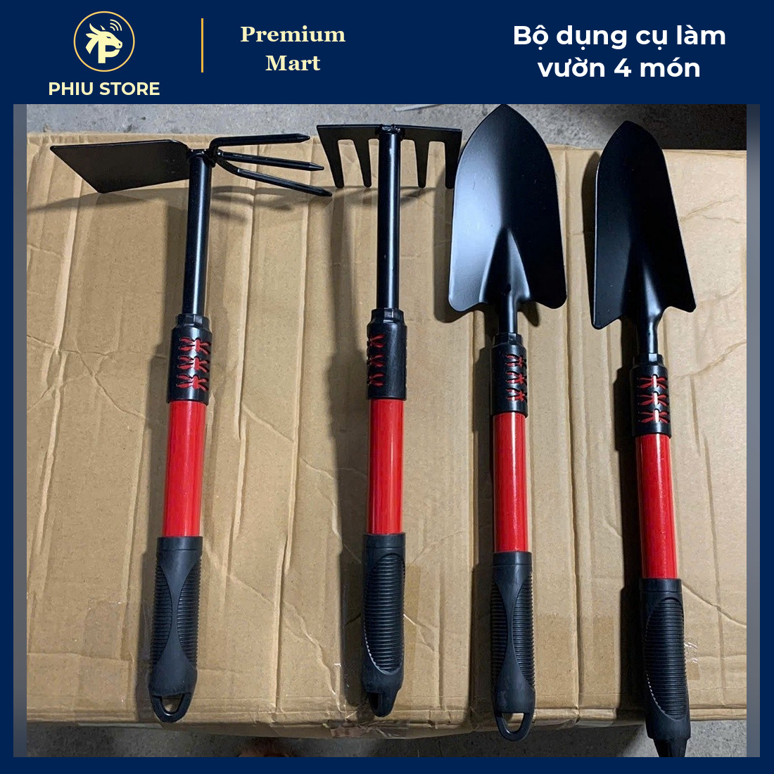 Bộ 4 Dụng Cụ Làm Vườn Gồm 2 Xẻng, Cuốc, Cào Tay Cầm Chống Trơn Dài 41–46,5 Cm - Trồng Cây Chậu, Ban Công - PHIU STORE_thumbnail_3