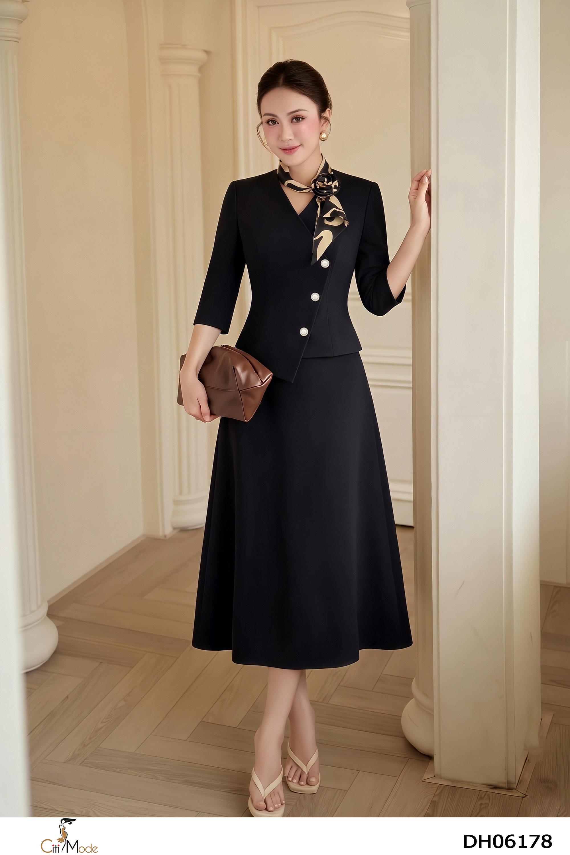 Đầm xòe peplum đen cổ phối nơ hoa lệch tay lỡ_thumbnail_4