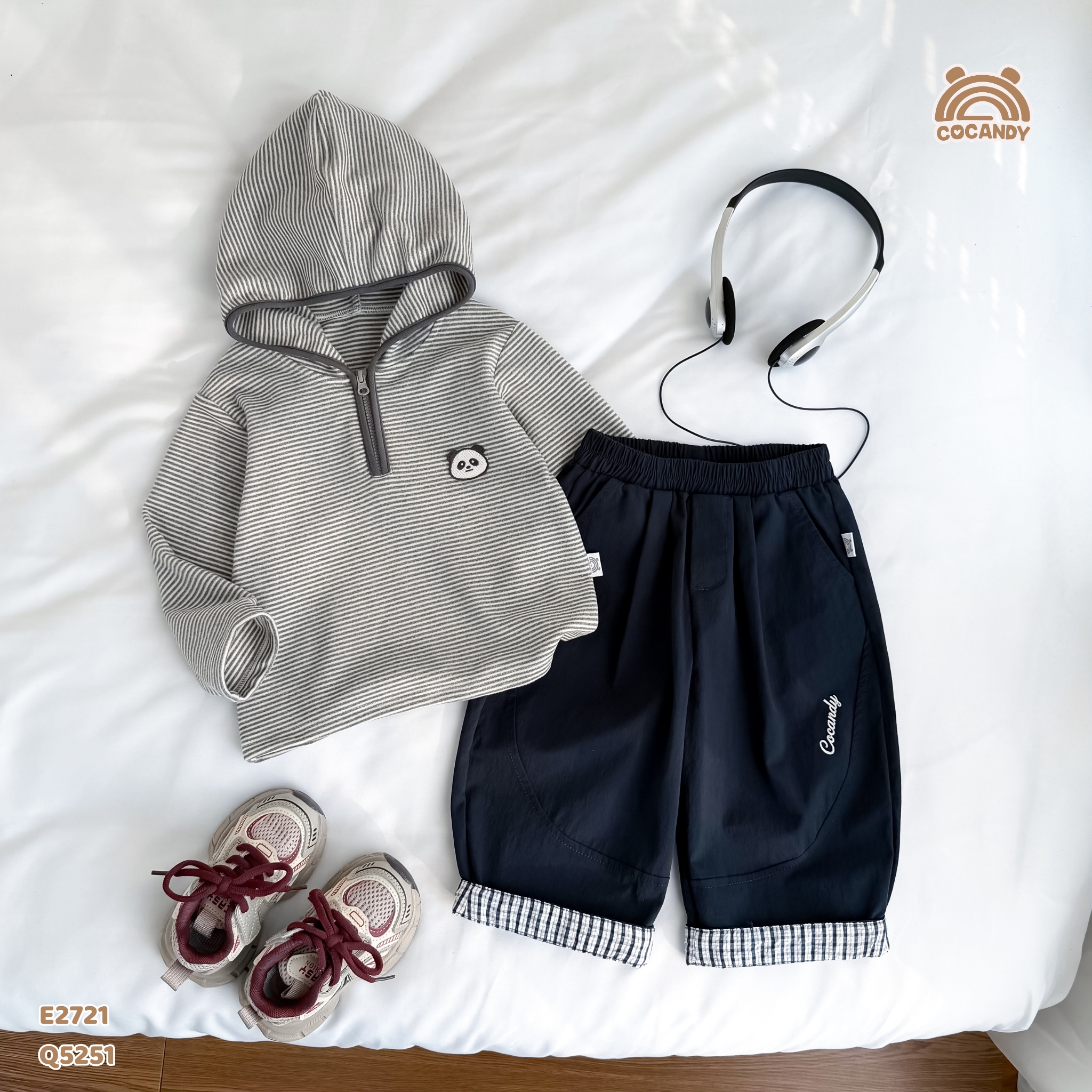 Áo dài hoodie kẻ GHI khóa kéo