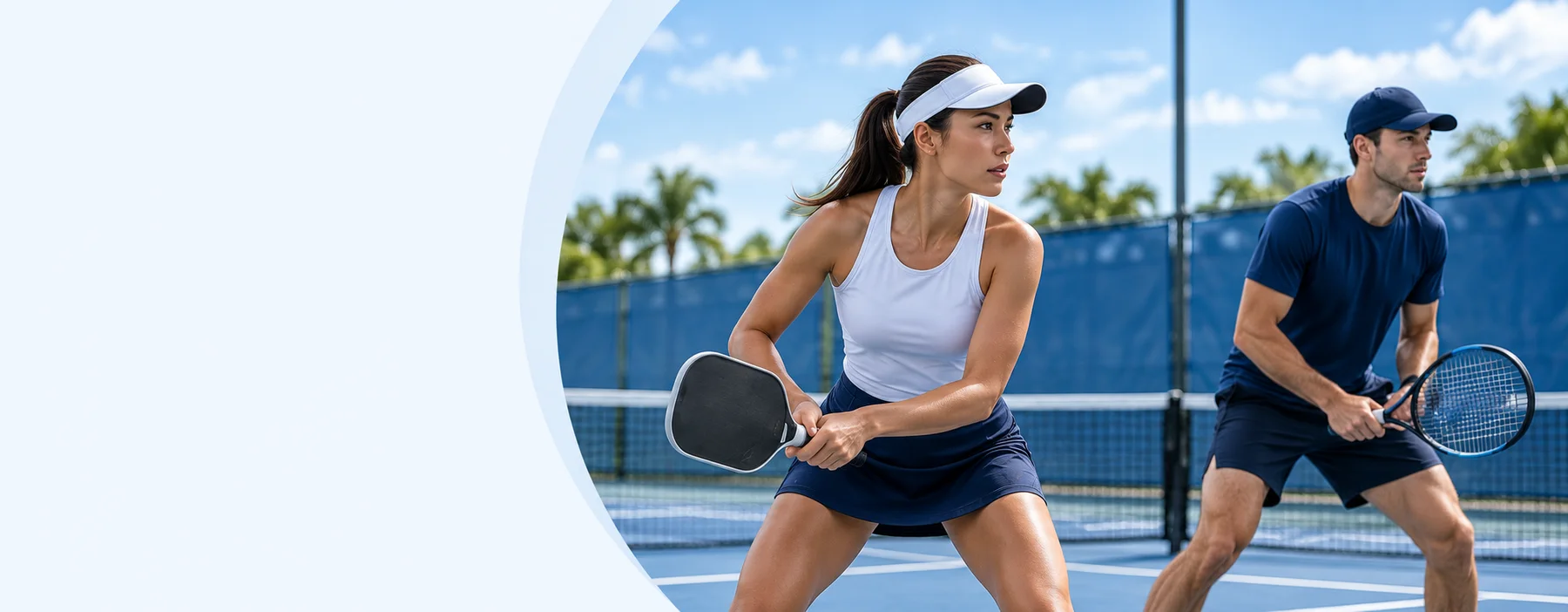Pickleball and tennis players on a blue court