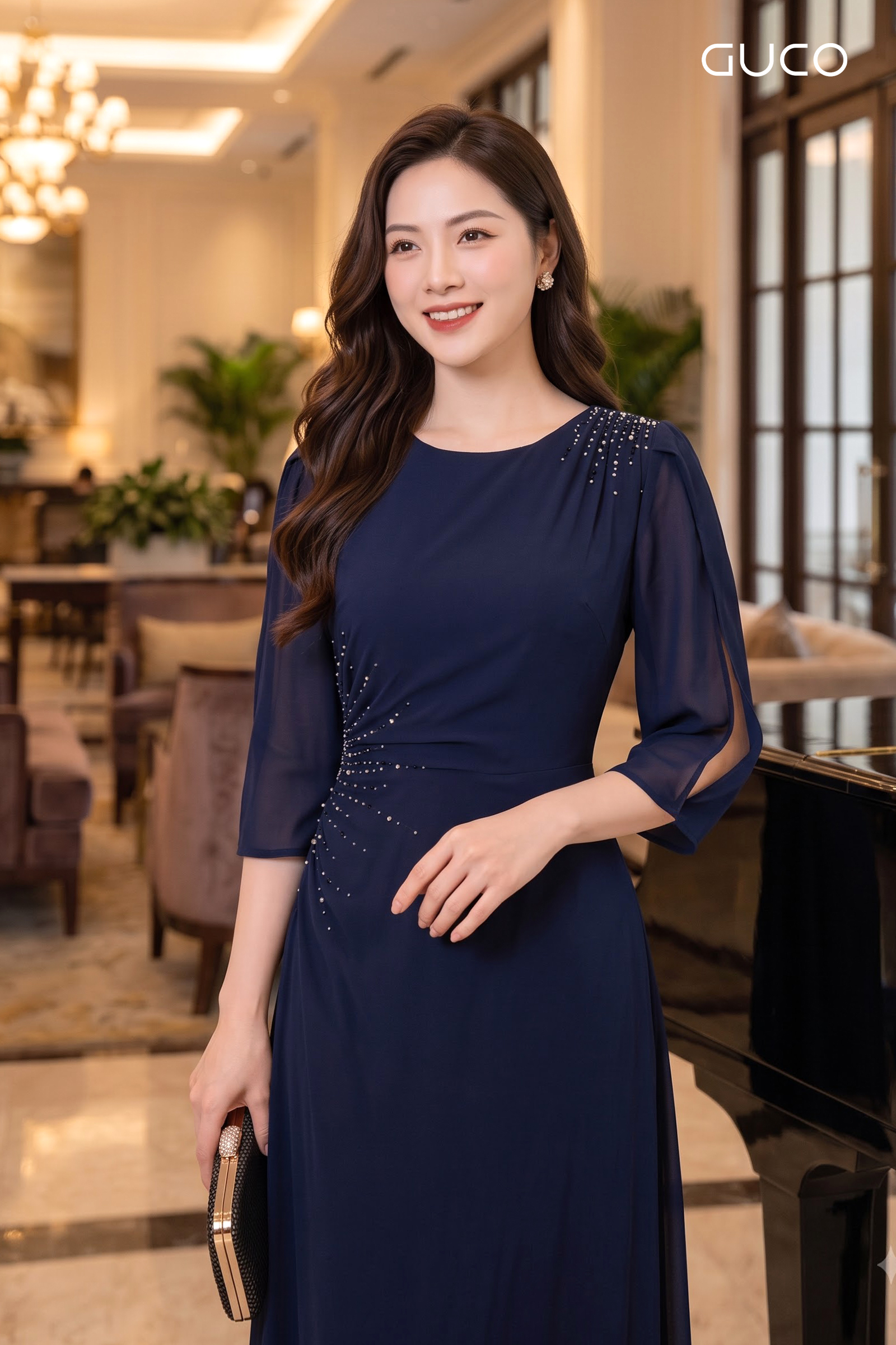 Đầm Dạ Hội Xanh Navy Tay Lỡ Đính Đá - 5276