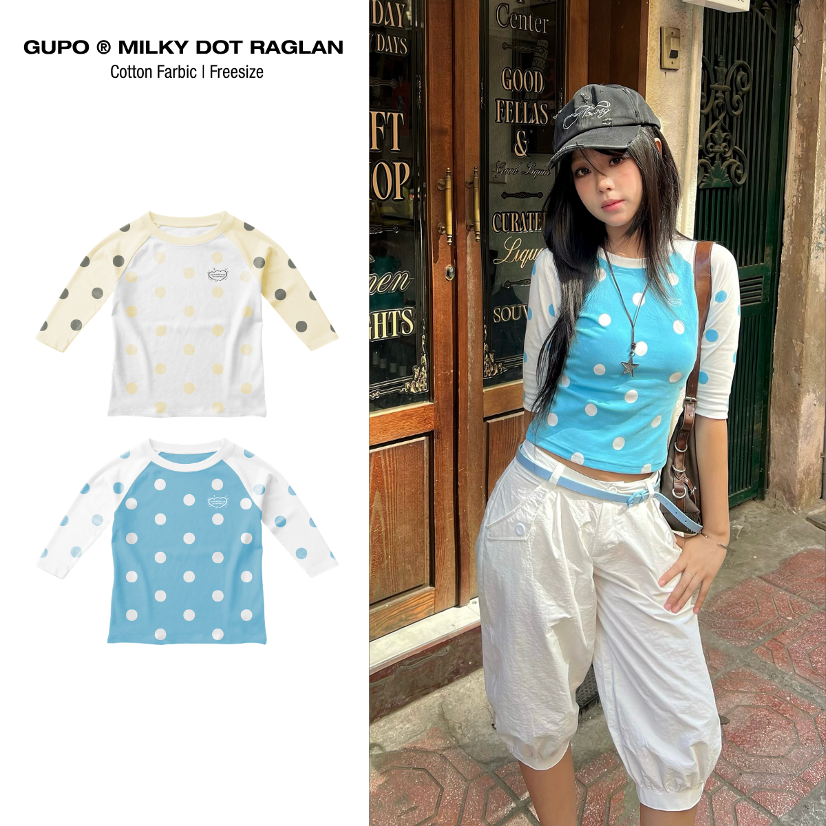 Áo Raglan Tay Lửng GUPO Milky Dot Form Ôm Vừa Thun Cotton Borip Co Giãn Chấm Bi Phối Màu - ATL01