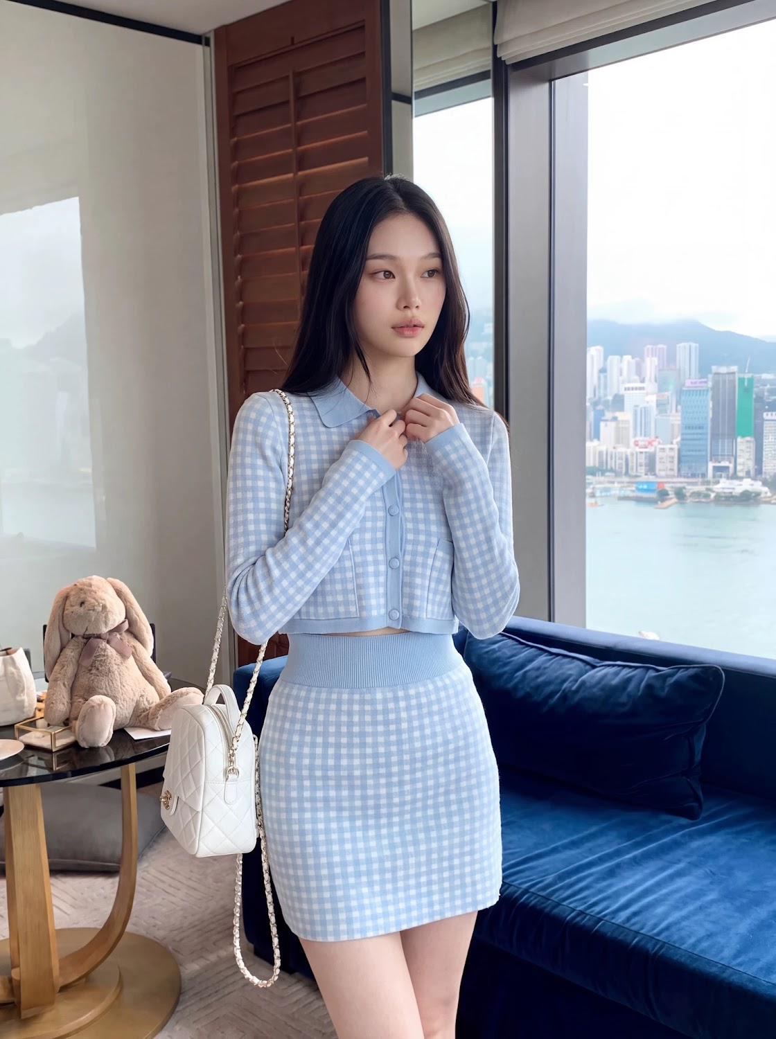 Lucas - Set váy len 3 chi tiết áo yếm + áo khoác cài cúc + chân váy ngắn họa tiết caro cổ sen_thumbnail_6