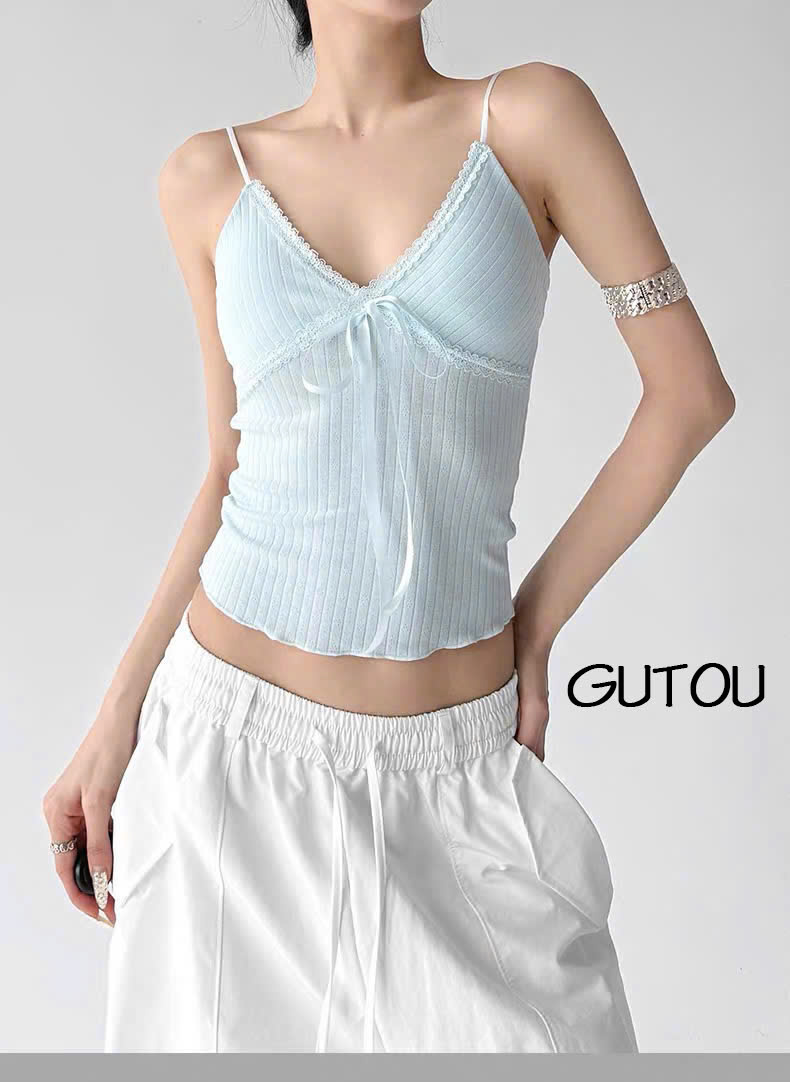 [ GUTOU ] Áo Hai Dây Dáng Ôm Viền Ren Mềm Đính Nơ Femini Top_thumbnail_5