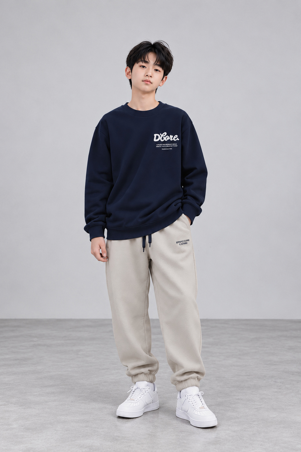 Bộ phối áo nỉ xanh đen Blue Seven với quần jogger be và sneaker trắng