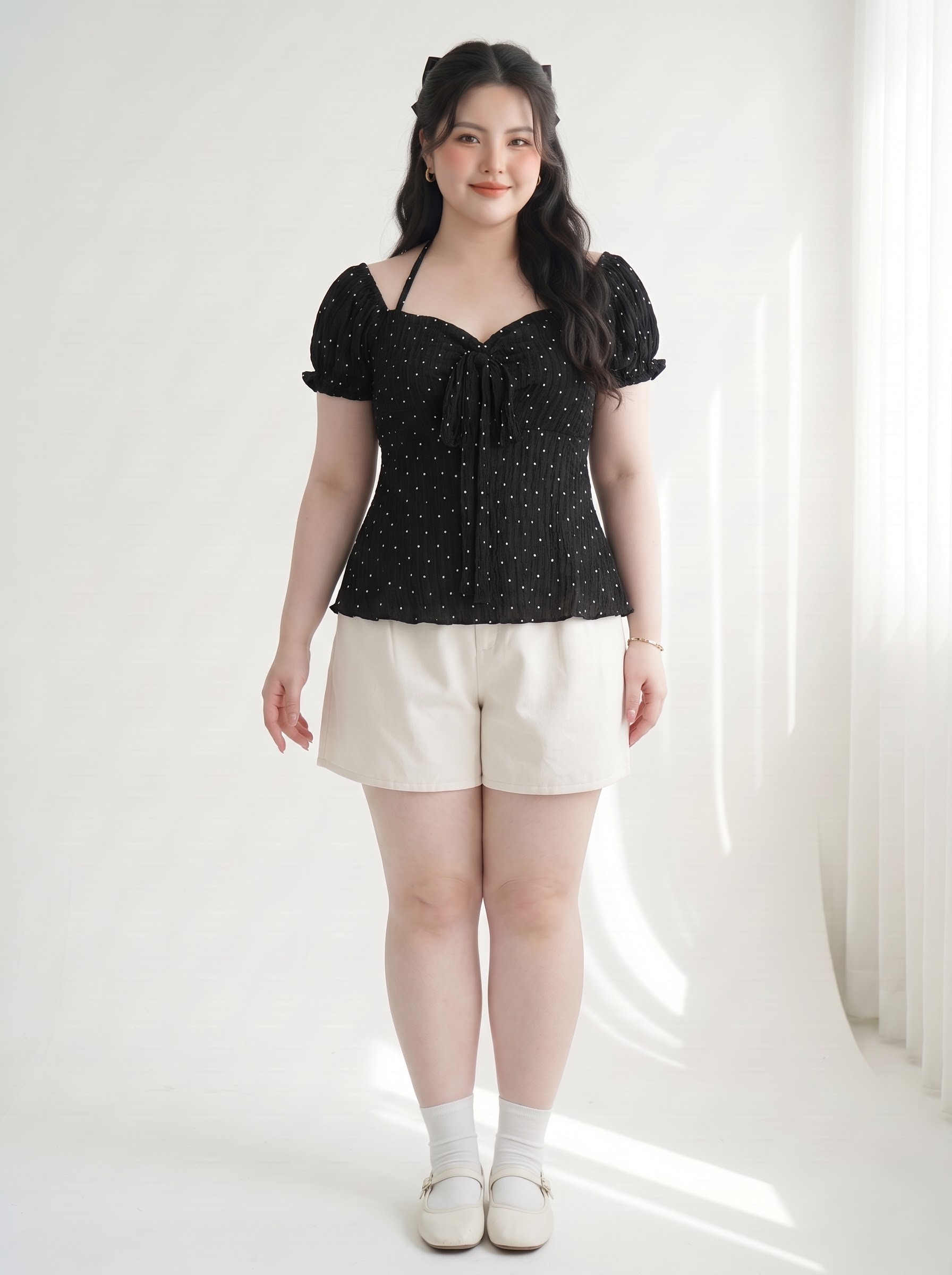 Áo Babydoll Bigsize Chấm Bi Tay Phồng Che Bụng - Đen - Vừa 55-90kg - AK104