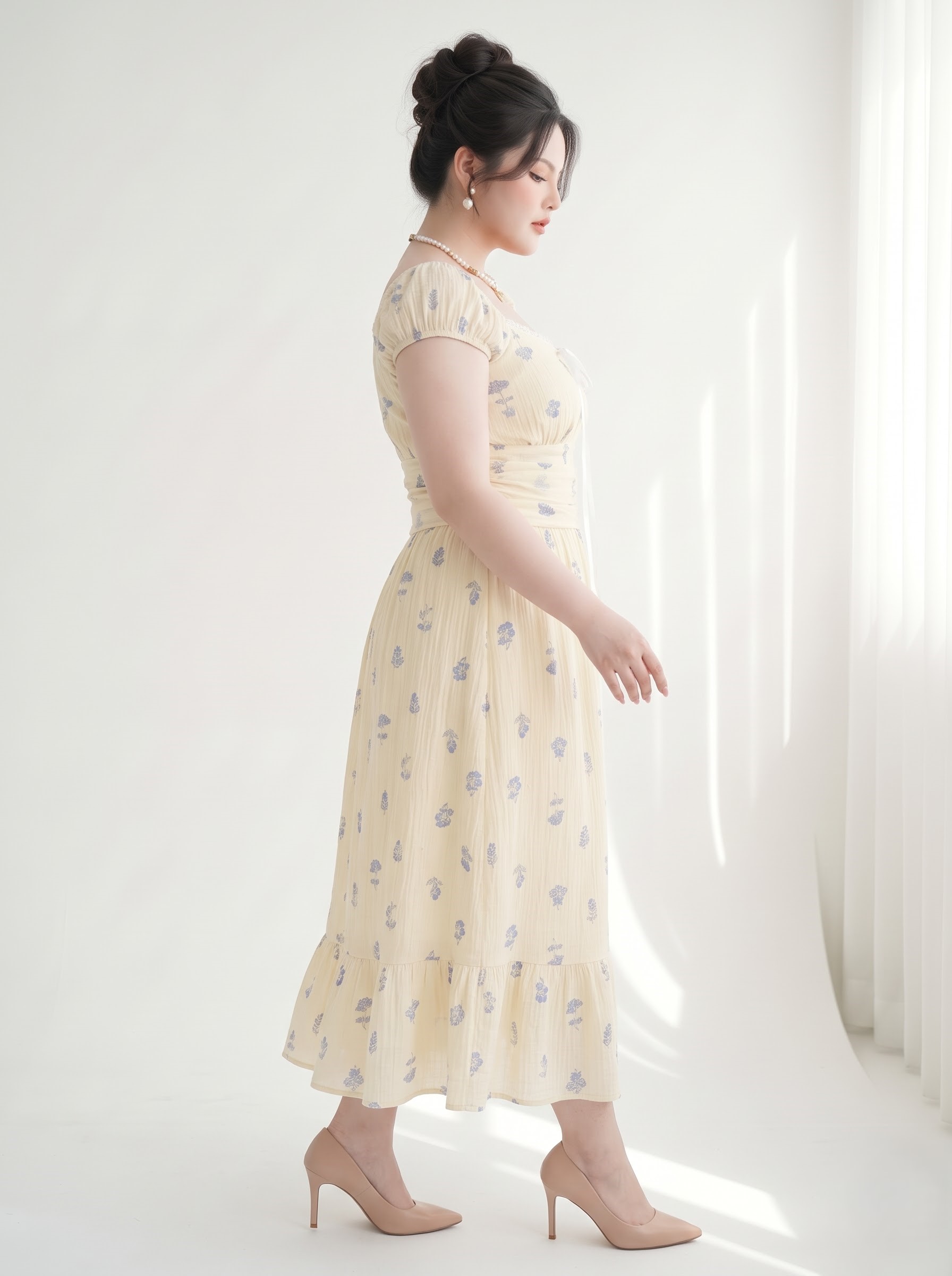 Đầm Voan Hoa Nhí Dáng Dài Bigsize Nhún Eo Tôn Dáng - Kem Hoa Xanh - Vừa 55-90kg - V-DA222_thumbnail_3