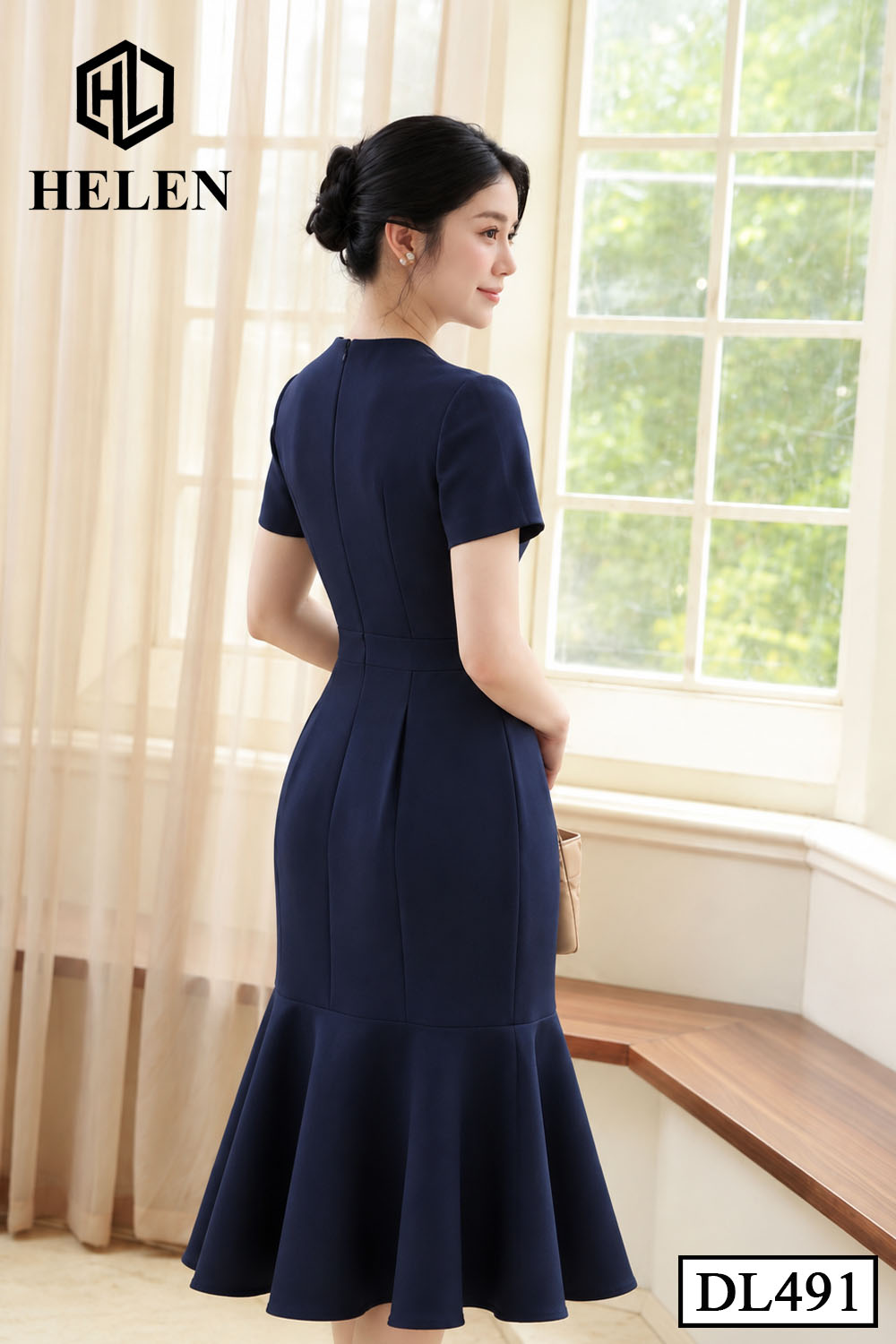Đầm ôm xanh than đuôi cá đính hoa DL491