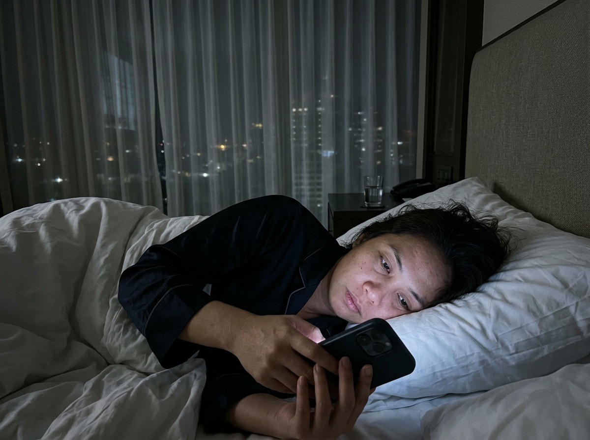 Woman lying awake in bed at night looking at her phone