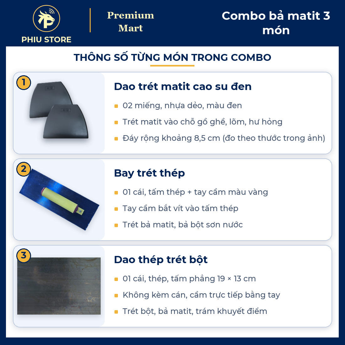 Combo Bả Matit 3 Món: 2 Dao Trét Cao Su Đen, Bay Trét Thép, Dao Thép 19 cm - Trét Bột, Trám Bề Mặt - PHIU STORE_thumbnail_1
