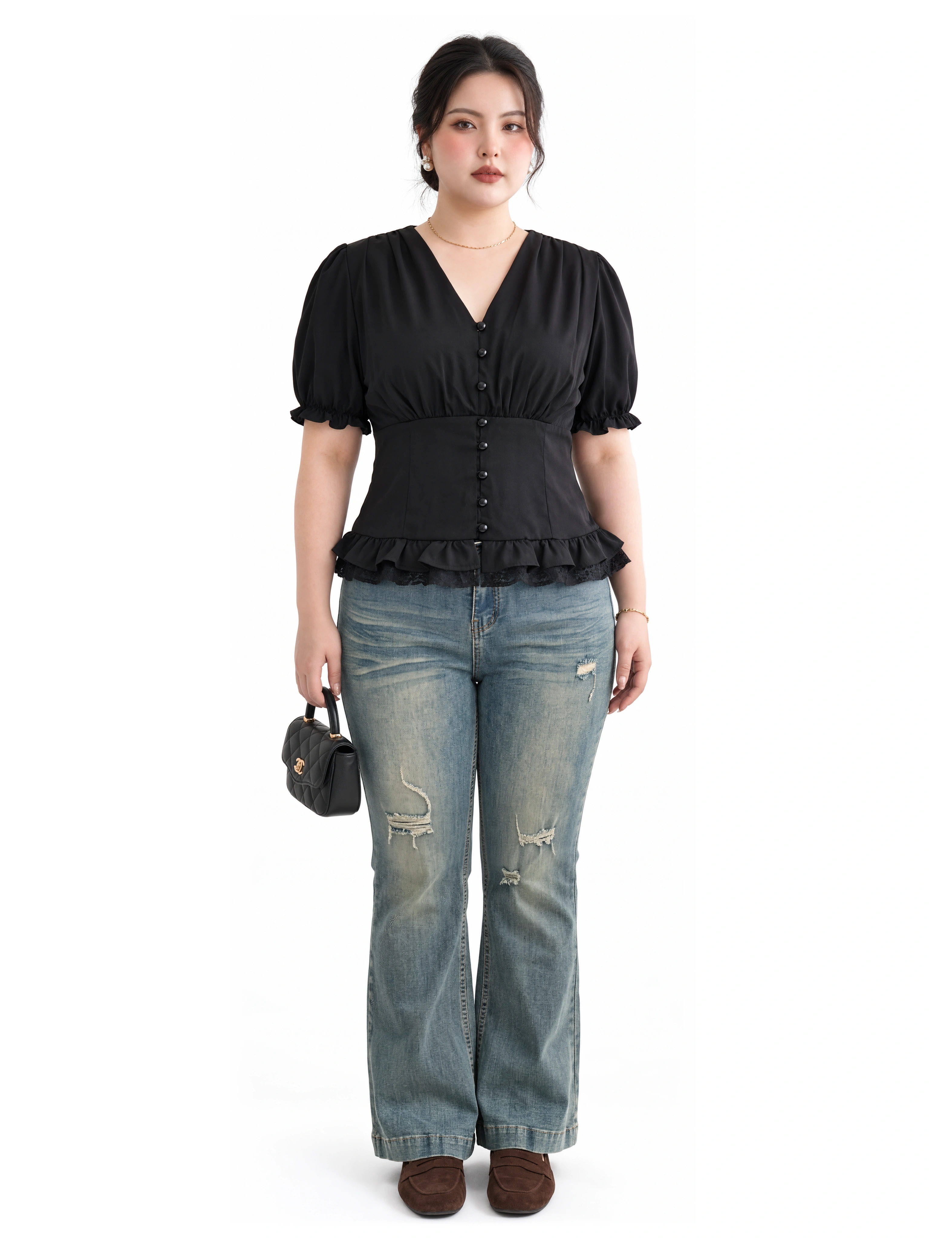 Quần Jean Ống Loe Rách Bigsize Lưng Cao Co Giãn Dài 100cm Wash Cá Tính - Vừa 55–90kg - T-QJ530