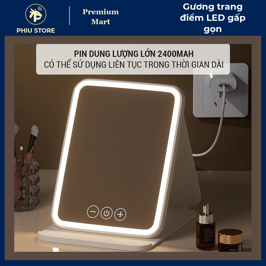 Gương Trang Điểm Có Đèn LED Gấp Gọn 3 Chế Độ Sáng, Pin Sạc 2400mAh, Để Bàn Mang Du Lịch - PHIU STORE_thumbnail_5