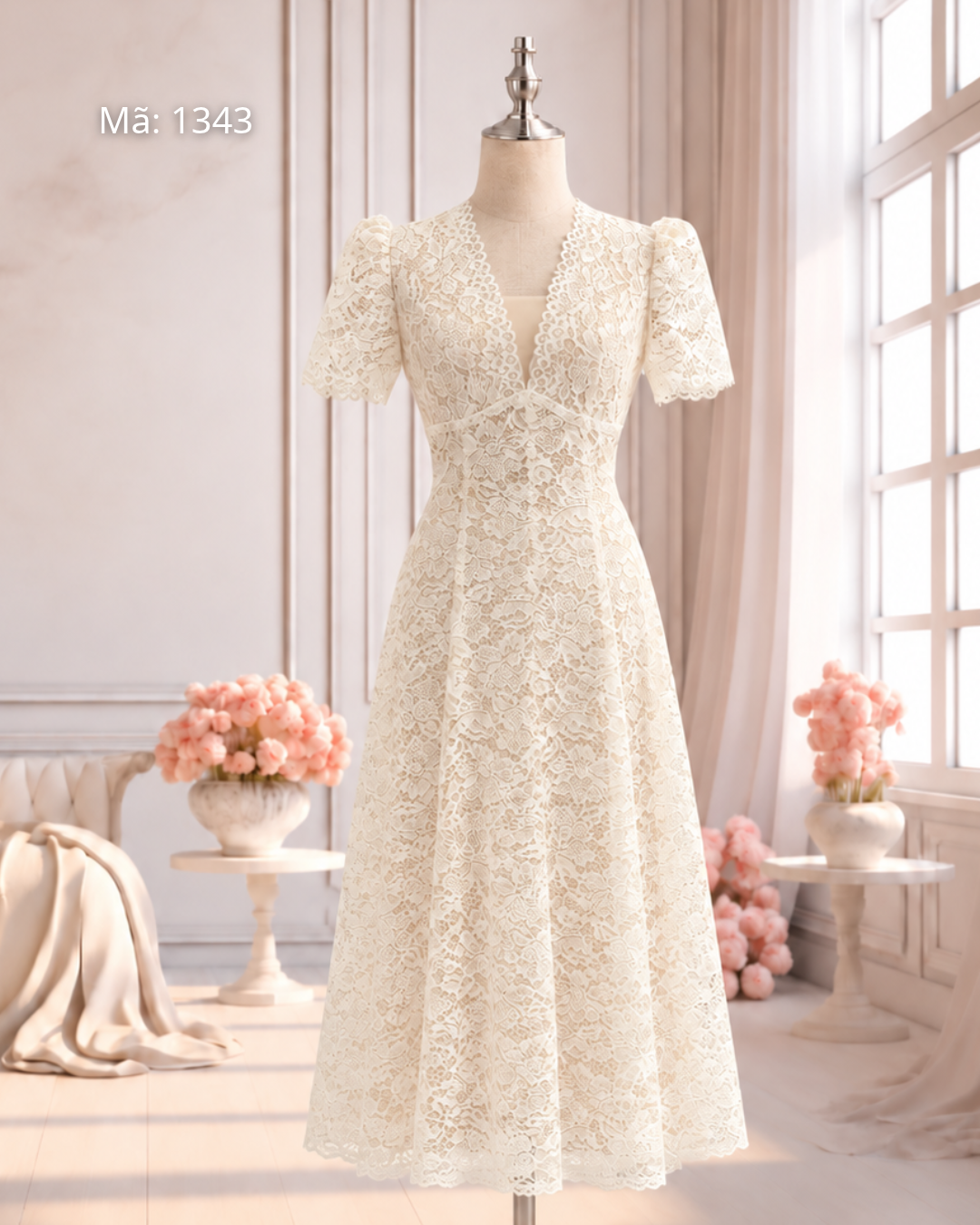 Đầm Xoè Ren Cổ V Hoạ Tiết Hoa