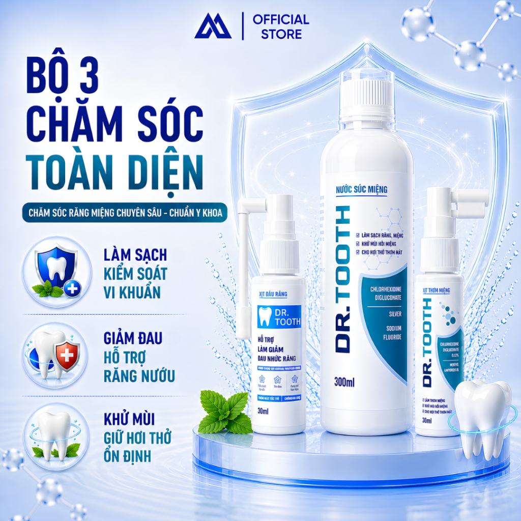 [Bộ 3 chăm sóc toàn diện] Nước súc miệng + Dung dịch xịt Dr.Tooth + Xịt thơm miệng Dr.Tooth