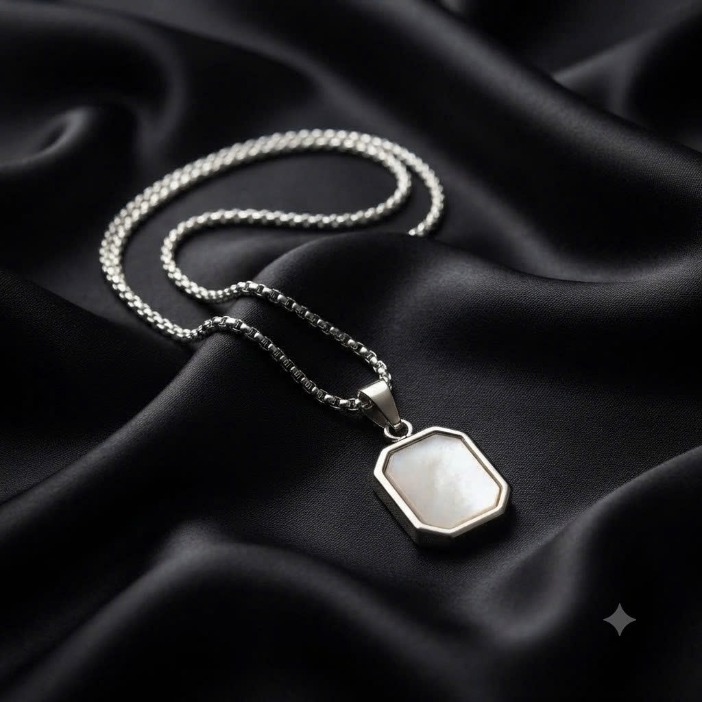 vòng cổ titan xích bi charm mặt vuông đá mắt hổ tráng men xà cừ