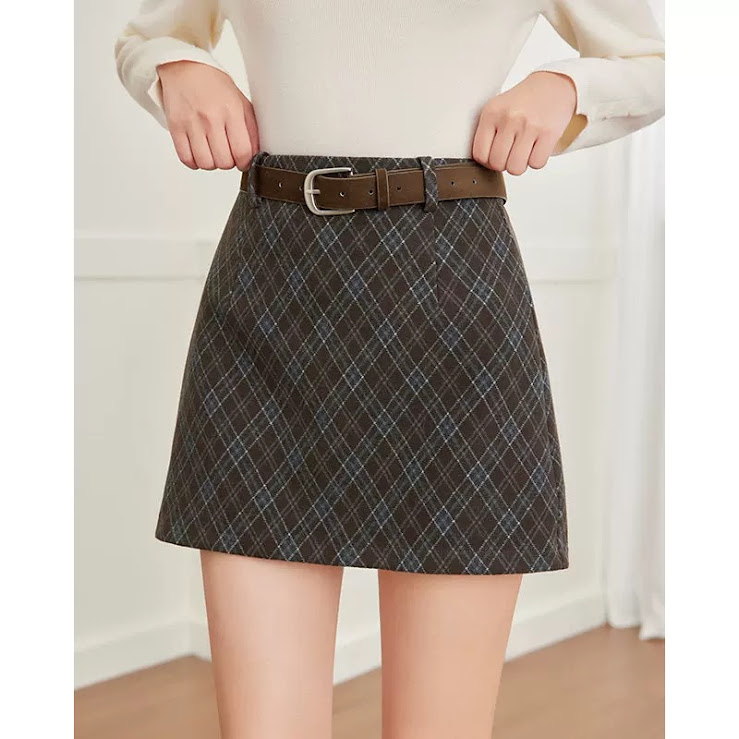 Lucas - Chân váy dạ kẻ sọc chéo nối cạp đỉa bản lớn + belt da lộn nâu_thumbnail_2