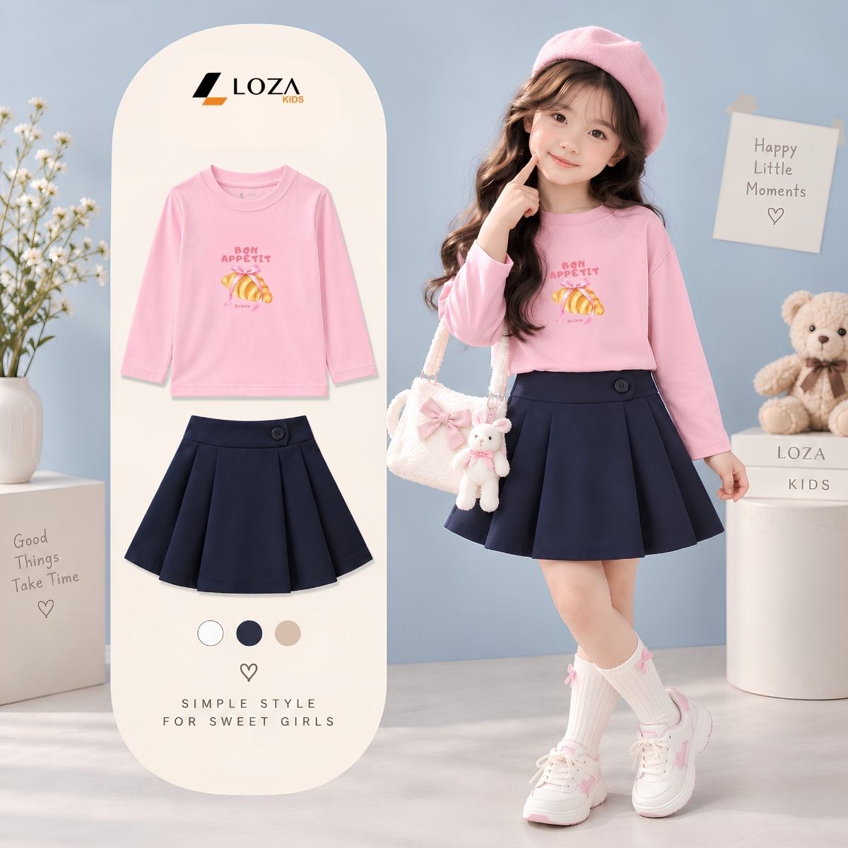 Áo thun dài tay bé gái in hình chiếc bánh mỳ nơ hồng - Loza Kids KTV3740