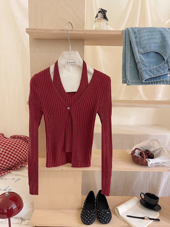 Lucas - Set áo len yếm + áo cardigan 1 cúc gân dọc