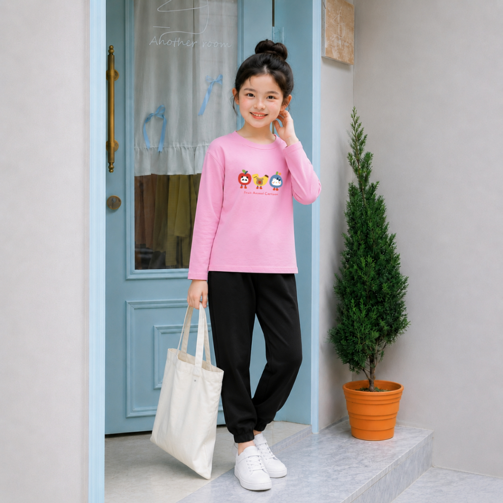 Set bộ Thu - Đông chất liệu cotton bé gái hình 3 loại quả Fruit Animal Cartoon  - Loza Kids BW001