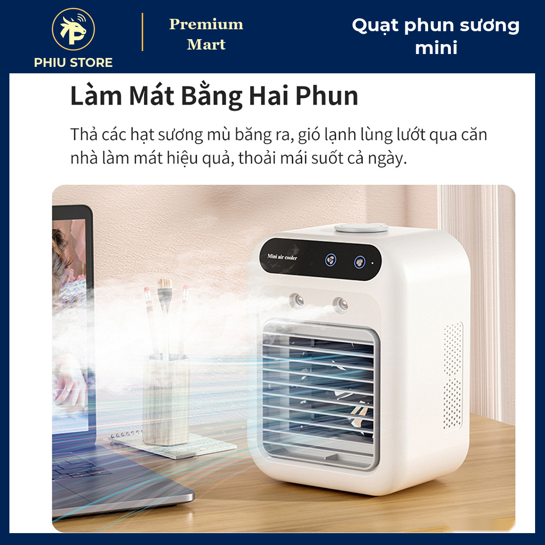 Quạt Phun Sương Tích Điện Mini Để Bàn, Bình Nước 500 Ml, 2 Tốc Độ Gió, Sạc Type C, Quạt Hơi Nước Làm Mát - PHIU STORE_thumbnail_2