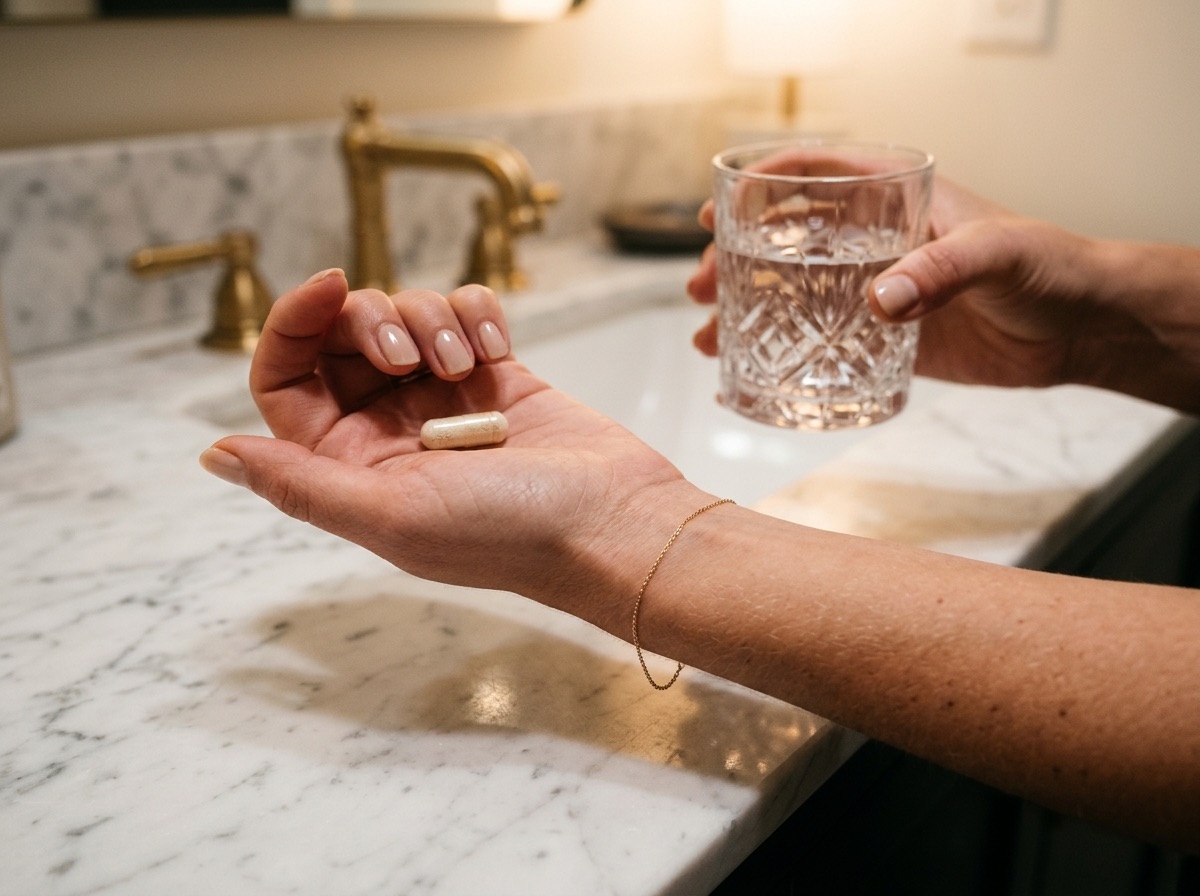 Hand holding one capsule and a glass of water